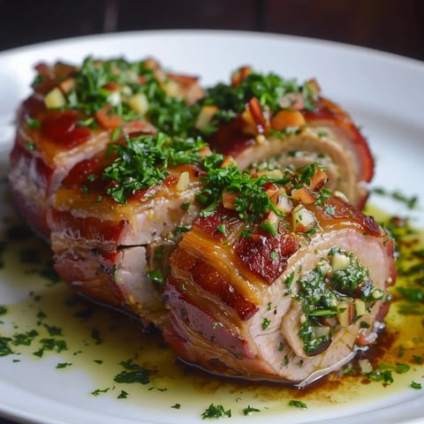 Viande moelleuse roulée avec herbes aromatiques, accompagnée de sauce généreuse et persil frais.
