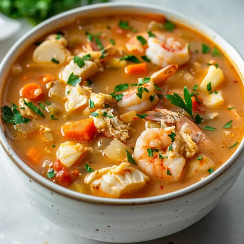 Un bol de crème aux fruits de mer garni de persil et accompagné de morceaux de légumes colorés.