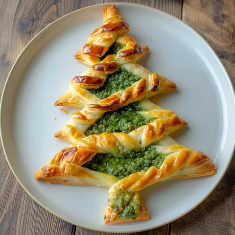 Un sapin gourmand façonné en pâte feuilletée avec une garniture au pesto, posé sur une jolie assiette.