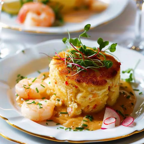 Un plat fin avec un petit gâteau de mer doré, des jeunes pousses et quelques crevettes avec des radis sur une jolie assiette.