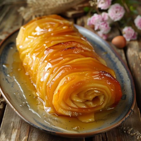 Un dessert de Noël à base de pommes caramélisées élégamment arrangé en spirale.