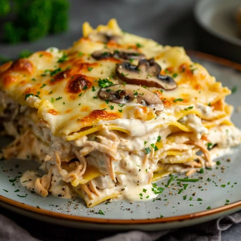 Plat de lasagnes dorées avec morceaux de poulet et une sauce blanche, garni de persil frais.