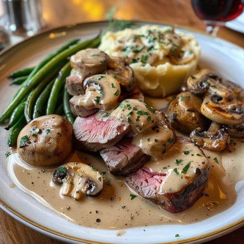 Une assiette contenant un filet mignon tendre avec sa sauce onctueuse, entouré de légumes verts et champignons.