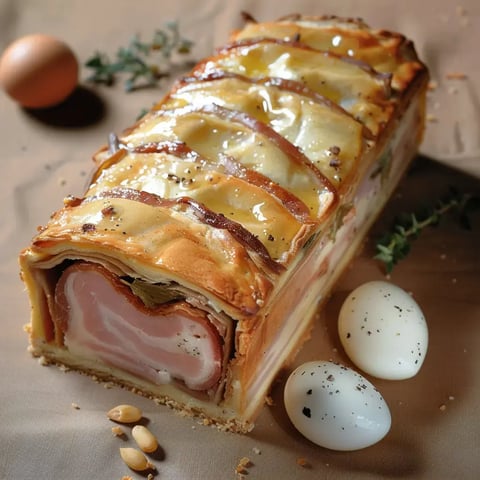 Une terrine en croûte dorée avec du jambon, des œufs durs et des pignons, posée sur une nappe beige claire.