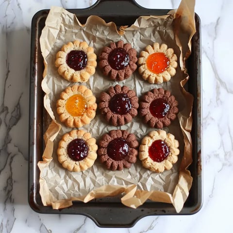 Petits sablés saupoudrés de sucre avec des centres de confiture colorée présentés sur du papier cuisson.