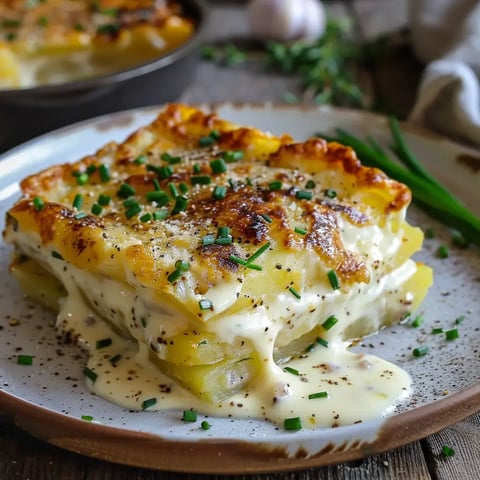 Un gratin crémeux de pommes de terre avec une touche de ciboulette et une belle croûte dorée.