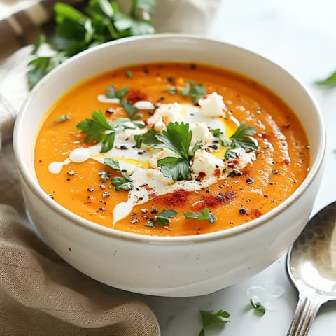 Un bol rempli de soupe orangée, décoré de crème fraîche, persil et une pointe de poivre, posé sur une table claire.