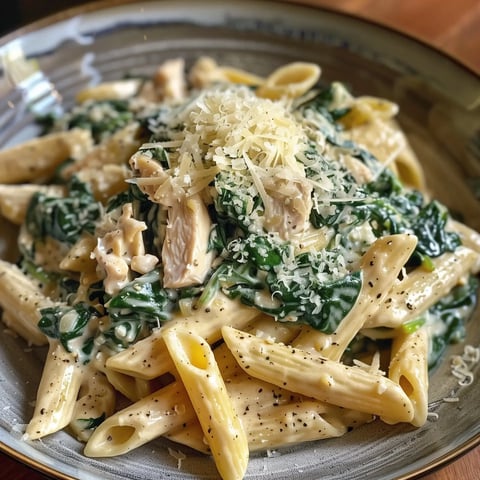 Une belle assiette pleine de pâtes crémeuses agrémentées de poulet et de feuilles d'épinards, garnie de parmesan.