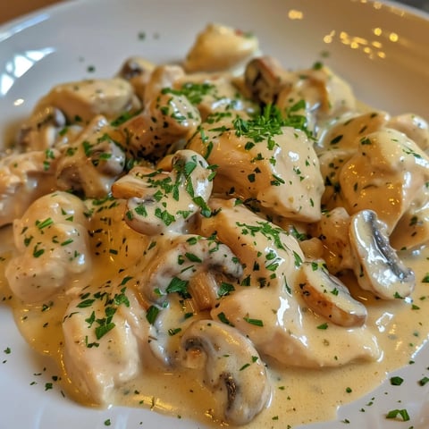 Un plat appétissant de poulet à la crème avec champignons et fines herbes.