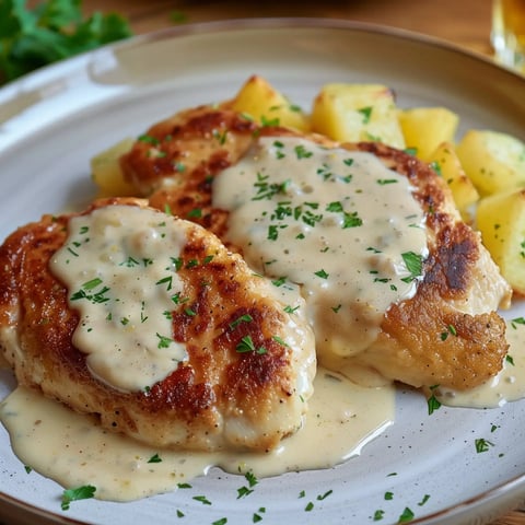 Un plat gourmand de poulet avec une sauce reblochon crémeuse, pommes de terre et herbes fraîches.