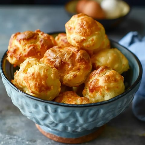 Un saladier généreusement rempli de petits choux croustillants dorés, avec des œufs posés derrière.