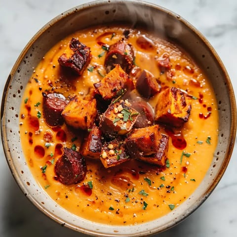 Bol de soupe onctueuse agrémentée de cubes gourmands de patate douce et morceaux épicés de chorizo, saupoudré d’herbes fraîches et d’épices vibrantes.