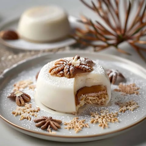 Un dessert en couches aux teintes vanille et caramel, parsemé de pécans et décoré de motifs sucrés blancs.