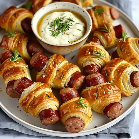 Des saucisses enveloppées de pâte feuilletée dorée, à côté d'un petit bol de sauce crémeuse et d'huile d'olive.