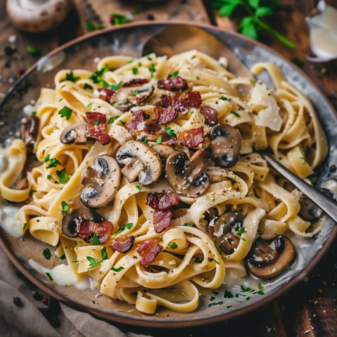 Tagliatelles crémeuses garnies de champignons, lardons et persil frais.