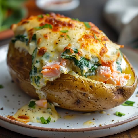 Pommes de terre au four avec garniture onctueuse de saumon et épinards, gratinées avec fromage fondu.