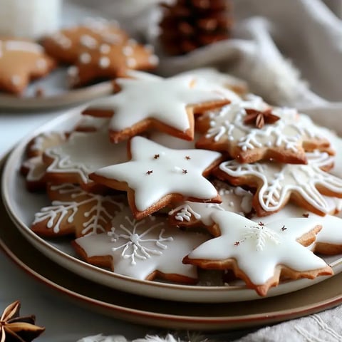 Un joli plateau rempli de petits sablés en forme d'étoiles et flocons décorés de sucre blanc et motifs hivernaux.
