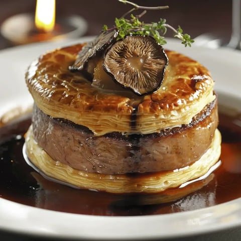 Filet entouré de pâte dorée avec une sauce crémeuse aux champignons.