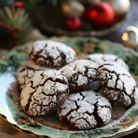 Sur une jolie assiette, on voit des gâteaux chocolatés avec du sucre blanc par-dessus, entourés de déco de Noël en fond.