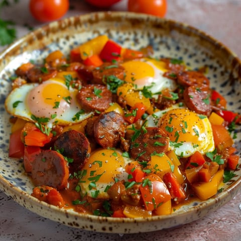 Une assiette chaude de poêlée chorizo et poivrons avec des œufs, garnie de persil frais.