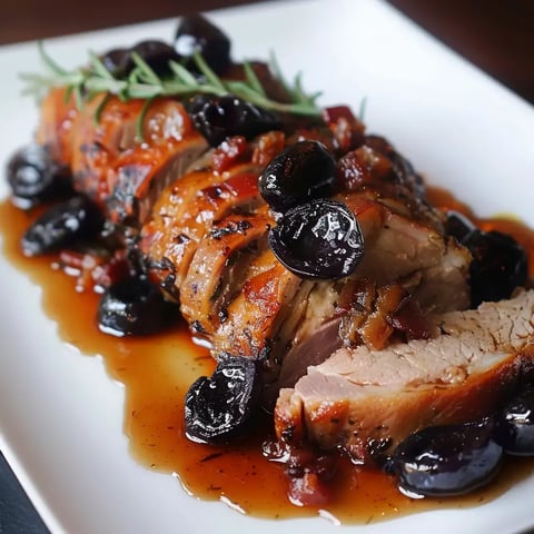 Porc mijoté accompagné de pruneaux et sauce, garni de romarin.
