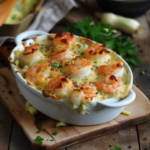 Plat gourmand de crevettes mi-gratinées au fromage et persil frais.
