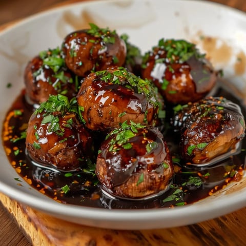 Un bol de champignons nappés de sauce sombre et parsemés de ciboulette hachée.