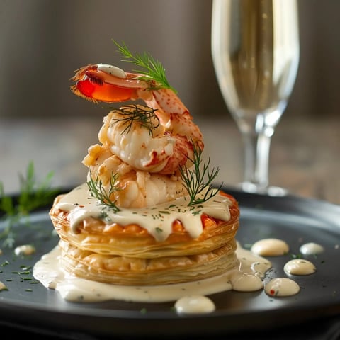 Un plat sophistiqué avec des feuilletés dorés garnis de fruits de mer, arrosés d'une sauce douce et décorés d'aneth, accompagné d'un verre de champagne.