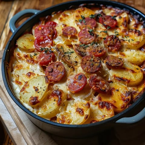 Un plat fumant de patates au chorizo avec du fromage fondu, doré à souhait, présenté dans un plat en fonte.