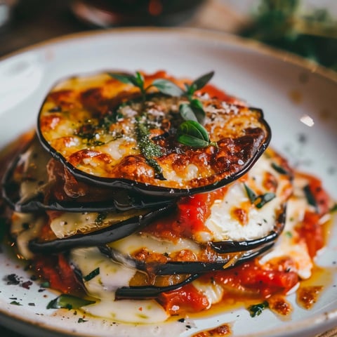 Un gratin d'aubergines nappé de sauce tomate et parsemé de fromage fondu, garni de basilic frais.