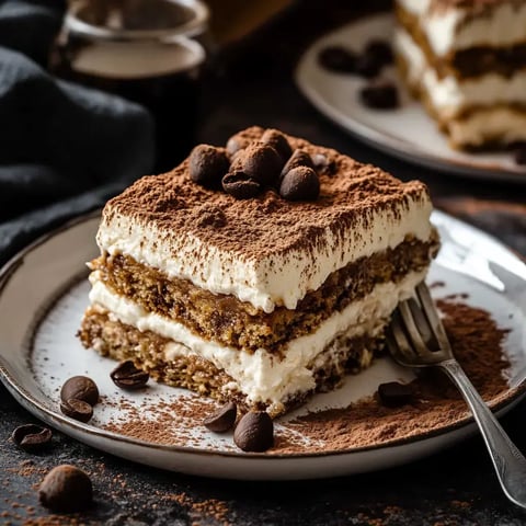 Tiramisu italien en couches avec crème et biscuits, saupoudré de cacao et décoré de grains de café.