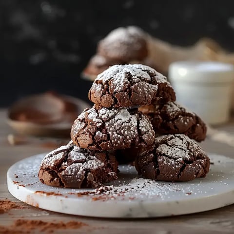Pile de biscuits chocolat sur une assiette marbrée, avec un nuage de sucre glace dessus.