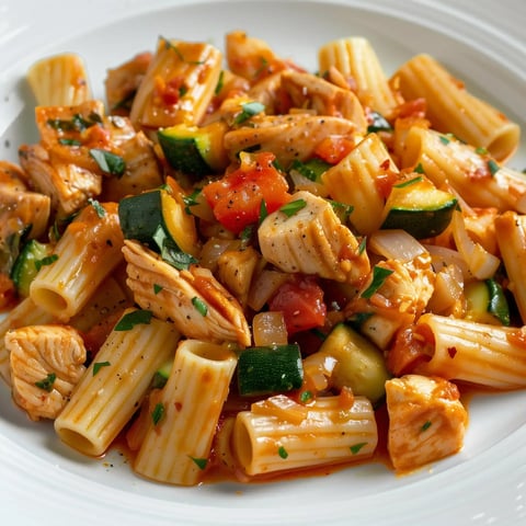 Une assiette garnie de rigatoni avec du poulet, des courgettes et des tomates dans une sauce tomate parfumée, saupoudrée de persil.