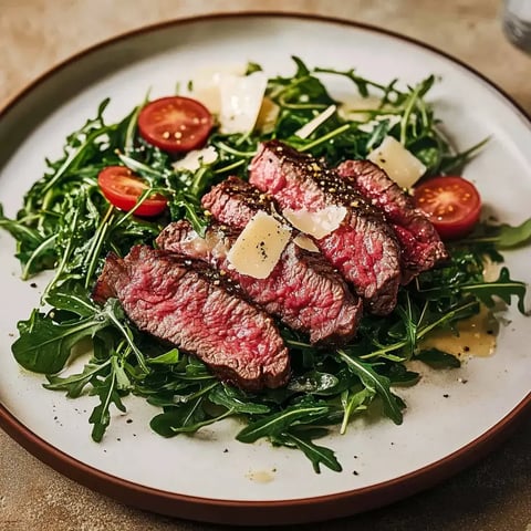 Tranches de viande grillée sur un lit de roquette avec des tomates cerises et du parmesan.