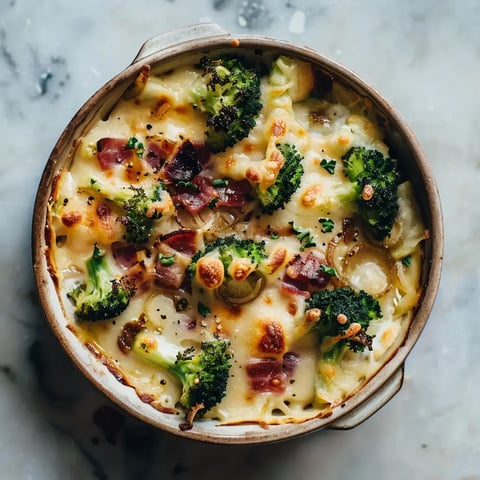 Un gratin généreux avec du brocoli et des lardons croquants servi dans un plat en terre cuite.