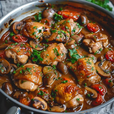 Cuisses de poulet fondantes mijotées avec des tomates, des champignons et des herbes, nappées d'une sauce parfumée.
