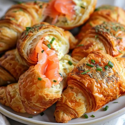 Petits croissants dorés garnis de saumon fumé et décorés de ciboulette fraîche.