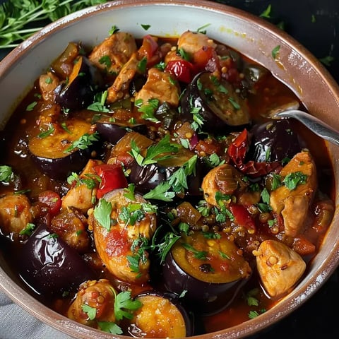 Un plat délicieux avec des morceaux de poulet, des aubergines, des tomates et de la coriandre, longuement mijoté dans un bouillon épicé.