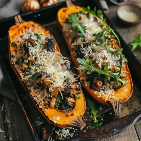 Deux moitiés de courge butternut rôties garnies de morilles, parmesan et herbes, servies dans un plat.