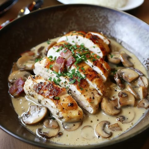 Poulet doré nappé de sauce crémeuse, servi avec des champignons et lardons sur une touche de persil.