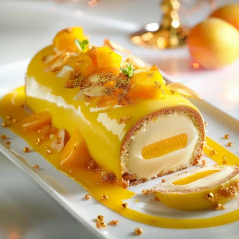 Dessert glacé garni de morceaux de mangue, parsemé d'amandes avec un coulis mangue, servi sur un plat raffiné.