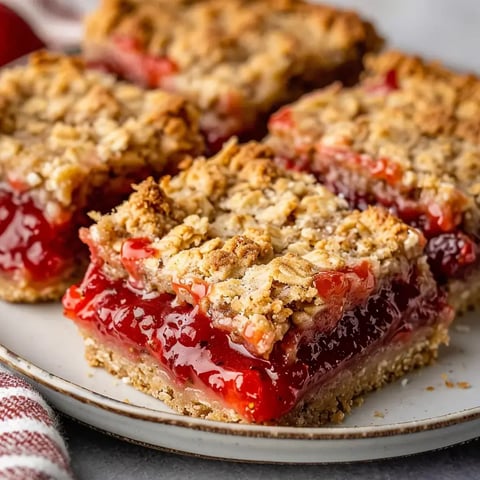 Carrés à la fraise sur une assiette, avec une base croustillante et savoureuse.