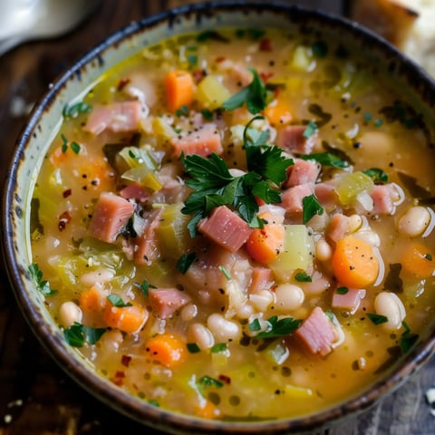 Un bol garni de soupe avec des carottes, jambon et un bouquet d'herbes fraîches.
