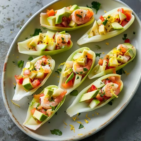 Endives garnies avec crevettes, avocat et pommes joliment présentées sur un plat.