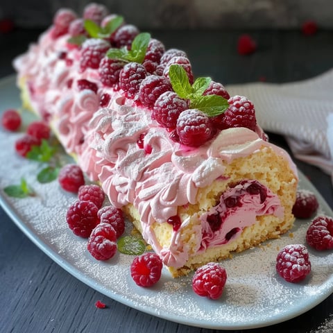 Bûche de Noël décorée avec des framboises éclatantes et des feuilles de menthe sur un plateau élégant.