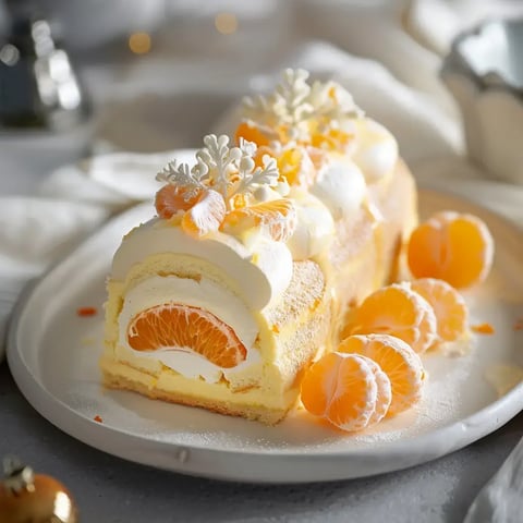 Gâteau glacé décoré de crème, quartiers d'orange et petits flocons de sucre, servi avec des tranches d'orange fraîches.
