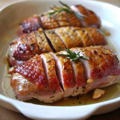 Des magrets de canard rôtis et tranchés, servis avec des herbes fraîches et nappés de jus doré.