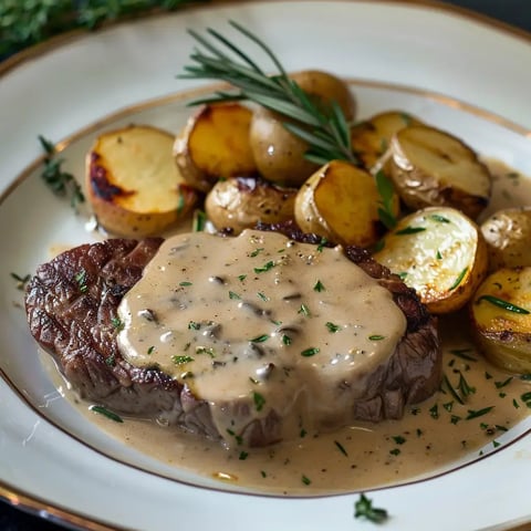 Un steak appétissant servi avec des pommes de terre dorées et une sauce veloutée.