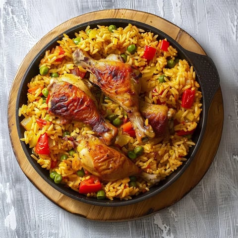 Un plat appétissant de riz garni de morceaux de poulet dorés, avec des poivrons colorés et petits pois parsemés.