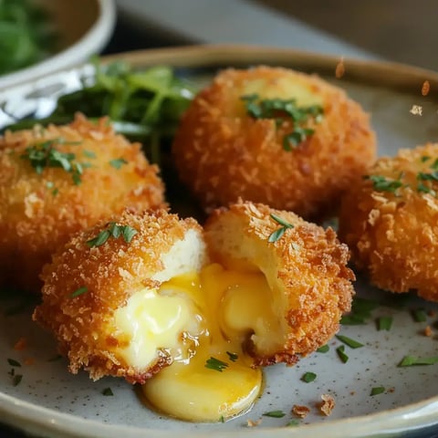 Des petites boules dorées croquantes qui laissent échapper du fromage fondu, présentées sur une assiette avec des herbes.
